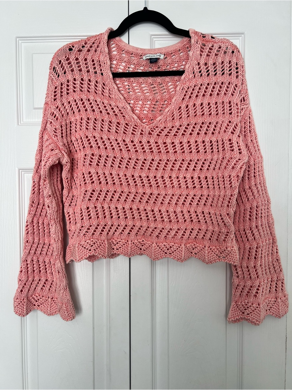 American Eagle Pink Open-Knit V-Neck Sweater